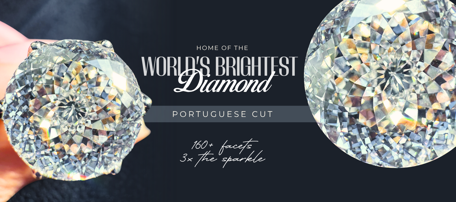 This image features a brilliant Portuguese Cut diamond, celebrated as the "World's Brightest Diamond." With over 160 facets, it's designed to deliver three times the sparkle of a traditional cut. This mesmerizing close-up highlights the intricate faceting and incredible brilliance, making it a perfect centerpiece for a solitaire ring or engagement ring for someone seeking unparalleled fire and light.