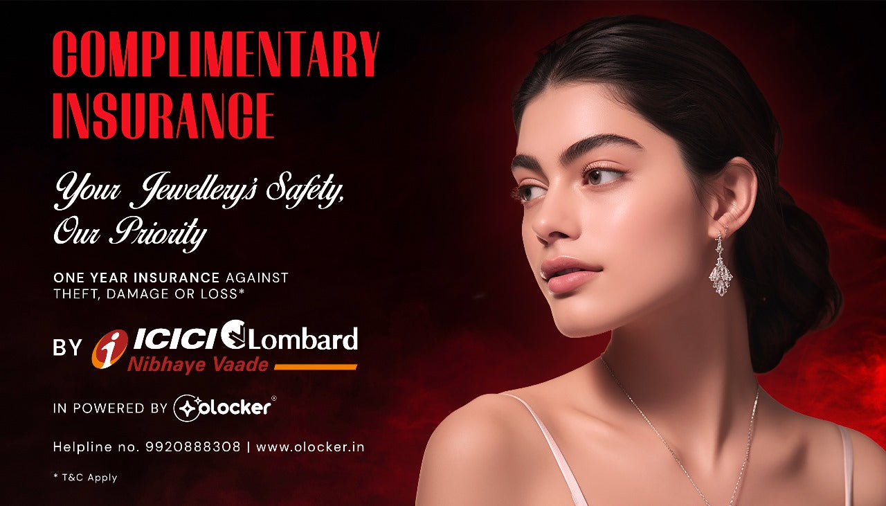 A stunning portrait of a model looking to the side, wearing a delicate silver necklace and elegant chandelier earrings. Her hair is pulled back, highlighting the jewelry. The text on the left reads "COMPLIMENTARY INSURANCE," "Your Jewellery's Safety, Our Priority," and "ONE YEAR INSURANCE AGAINST THEFT, DAMAGE OR LOSS." Below this, the logos for ICICI Lombard and Olocker are visible, along with a helpline number and website. This image emphasizes the security offered for designer diamond rings, solitaire