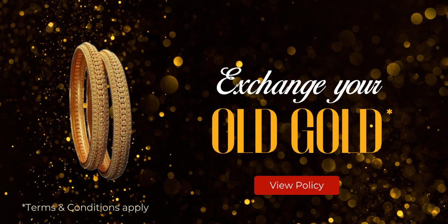 A close-up of two traditional gold bangles with intricate textured patterns, positioned on the left against a dark, sparkling background. The text on the right says, "Exchange your OLD GOLD*," with a red "View Policy" button below. This image promotes the exchange of old gold for new jewelry, including designer diamond rings and solitaire rings.