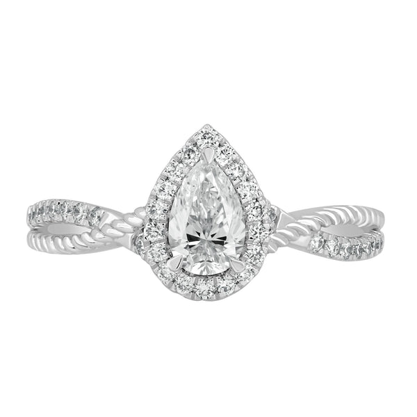 Front view of the 0.4 Ct Twist Shine Halo Solitaire Ring featuring a pear-shaped diamond framed by a halo of smaller diamonds on a twisted band.