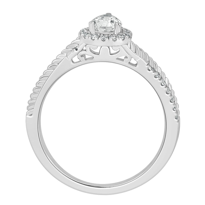 Side profile of the 0.4 Ct Twist Shine Halo Solitaire Ring showing the detailed band and elegant basket setting.