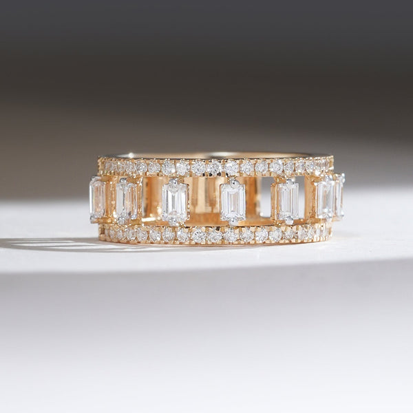 Front view of 0.9 Ct Half Eternity Band with baguette-cut diamonds in gold setting.