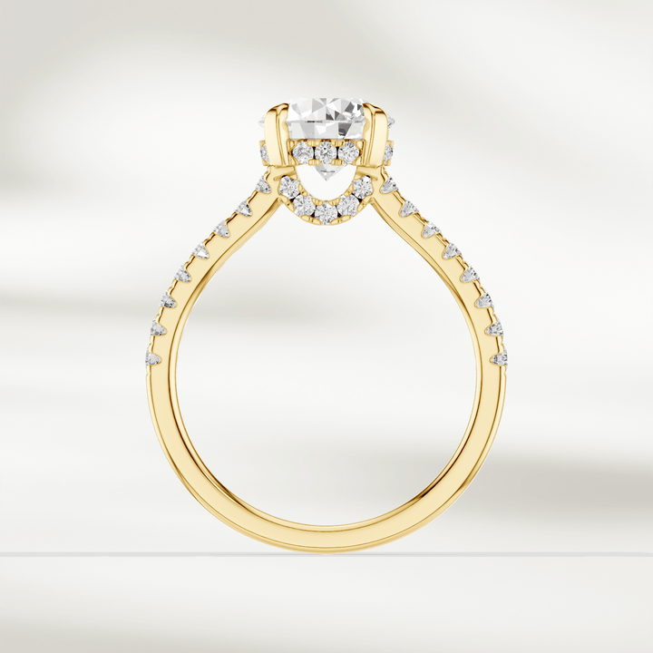 Profile view of the Eira Solitaire Ring with intricate pavé detailing on the band and under-gallery.