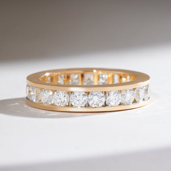 Front view of a 2 Ct Round Fortress Eternity Band in yellow gold, featuring channel-set brilliant round diamonds