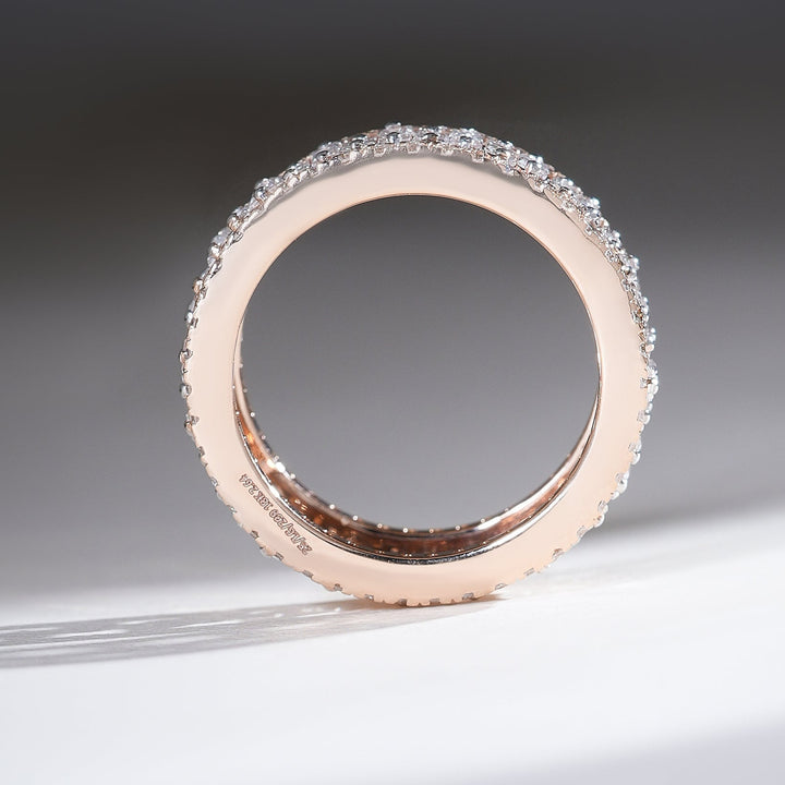 Top profile of rose gold eternity band lined with round brilliant diamonds along the outer edges.