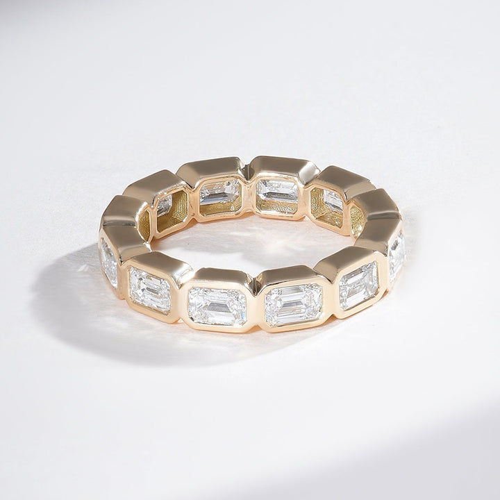 Top view of 3 Ct Bezel Emerald Eternity Band with continuous emerald-cut diamonds.