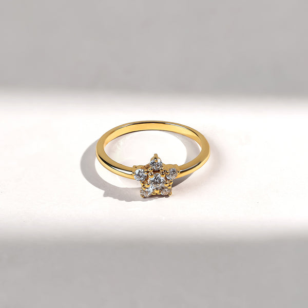Gold ring with a flower-shaped diamond design on a light gray background