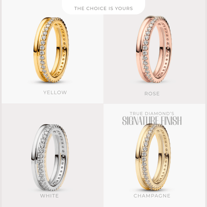 Four diamond rings in yellow, rose, white, and champagne gold on a white background.