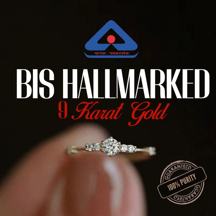 Gold ring with 'BIS Hallmarked 9 Karat Gold' text on a black background