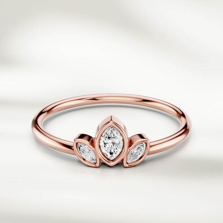 Three marquise diamond cluster ring in 9kt rose gold with slim polished band