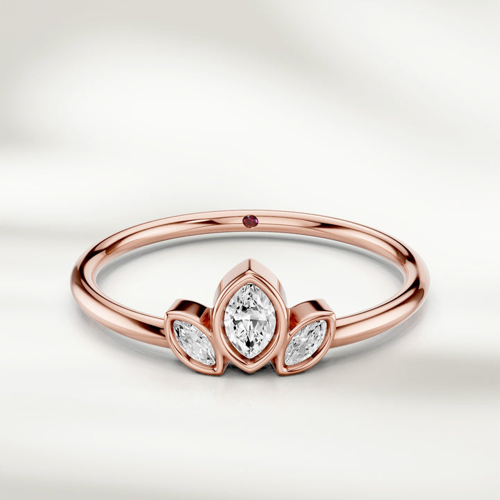 Three marquise diamond cluster ring in rose gold with slim polished band