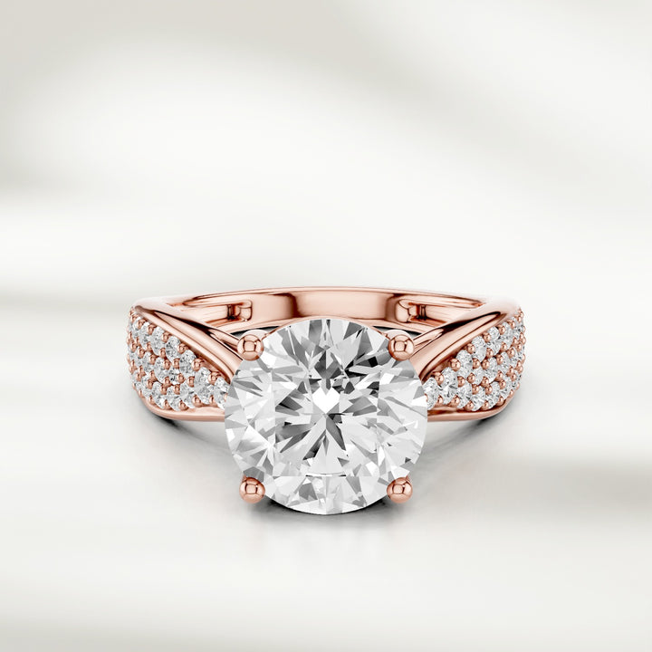 Infinite Love 2 Ct Round Solitaire Ring in rose gold with diamond-studded split shank, front view