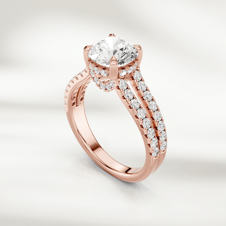 Angled view of the 1 Ct Eira Solitaire Ring showcasing the sparkling diamond centerpiece and double pavé band in rose gold.