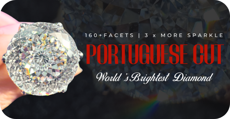 
A mesmerizing, extreme close-up of a brilliant Portuguese Cut diamond. The diamond, held by a hand, is a solitaire ring with a stunning starburst pattern of over 160 facets, creating exceptional sparkle. The text on the right highlights its features: "160+ FACETS | 3 X MORE SPARKLE," and describes it as the "World's Brightest Diamond." This image emphasizes the brilliance of unique engagement rings and designer diamond rings.