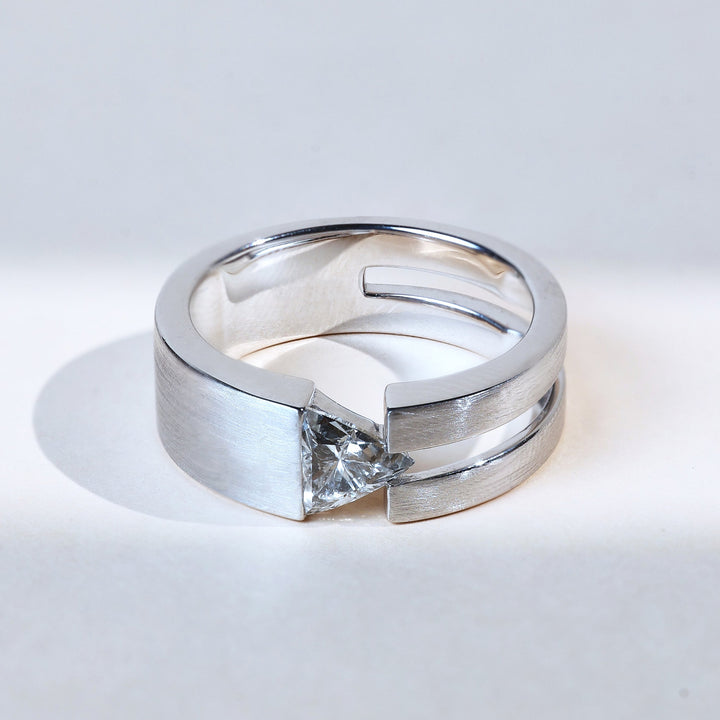Front angle of TriGlaze Men’s 0.75 Ct Solitaire Ring in white gold with a triangular diamond center
