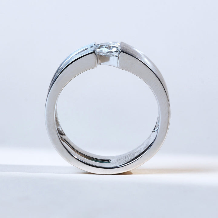 Profile view of TriGlaze Men’s 0.75 Ct Solitaire Ring showcasing bold geometric design in white gold