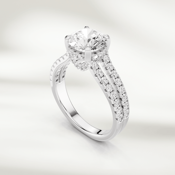 Angled view of the 1 Ct Eira Solitaire Ring showcasing the sparkling diamond centerpiece and double pavé band in yellow gold.