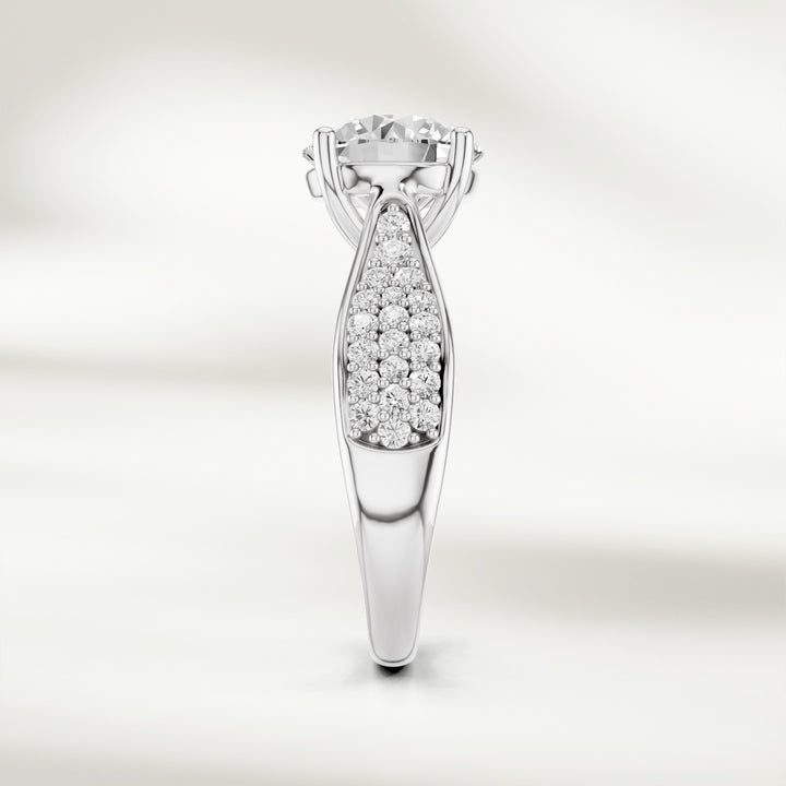 Side profile of the Infinite Love 2 Ct Round Solitaire Ring highlighting the elegant split shank design.