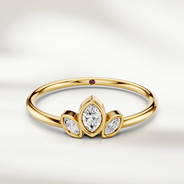 Three marquise diamond cluster ring in yellow gold with slim polished band