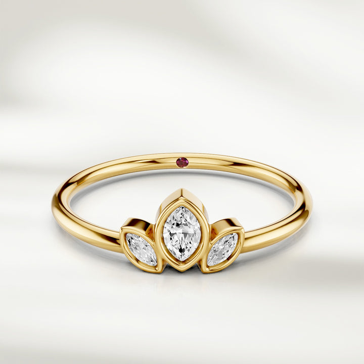 Three marquise diamond cluster ring in yellow gold with slim polished band