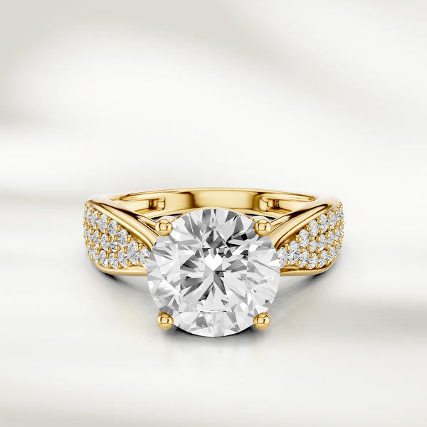 Infinite Love 2 Ct Round Solitaire Ring in yellow gold with diamond-studded shank, front view