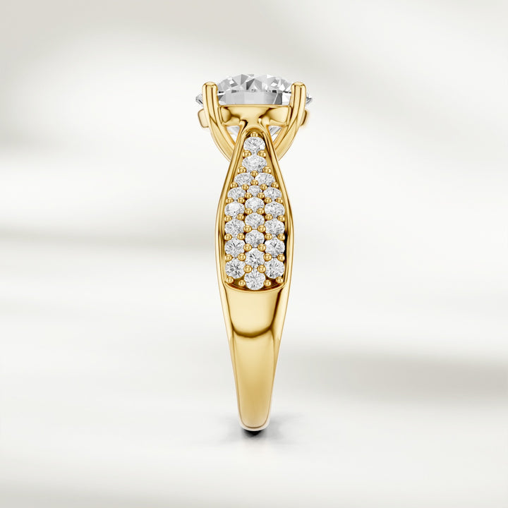 Profile view of the Infinite Love 2 Ct Round Solitaire Ring showcasing the pavé diamonds along the band