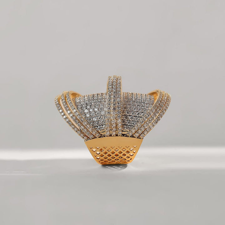 Angled view of the Zinat Cocktail Ring showing overlapping diamond rows in a fan-like arrangement on yellow gold.