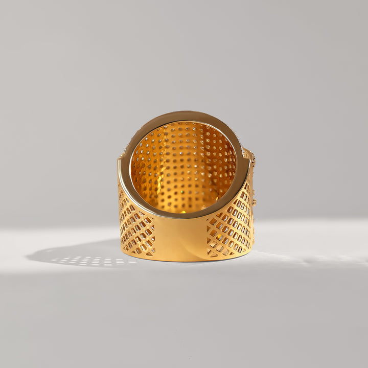 Back view of the Zinat Cocktail Ring with detailed open gold latticework under the pavé diamond setting for light play.