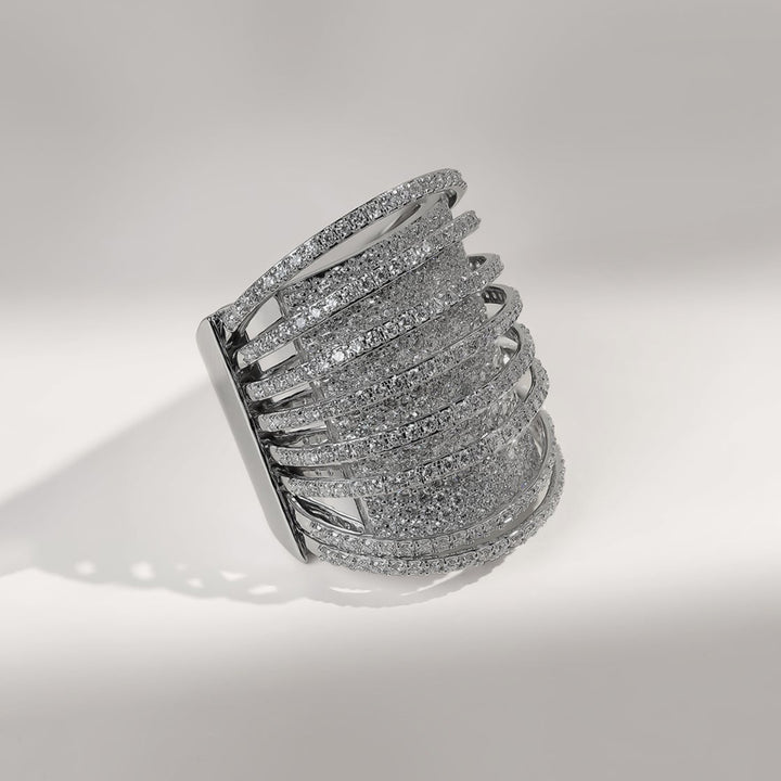 Front angle of Zoya 2.5 Ct Cocktail Ring in white gold, featuring layered diamond rows with sculptural design.