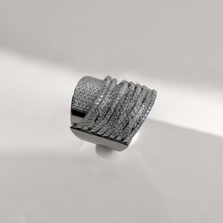 Side profile of Zoya 2.5 Ct Cocktail Ring in white gold, showcasing curved diamond rows and bold structure.