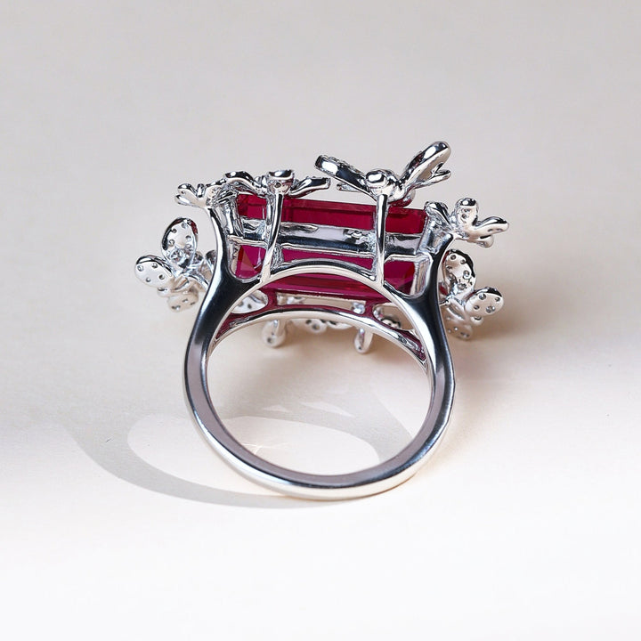 Back view of Crimson Fleur ruby and diamond floral motif vintage ring