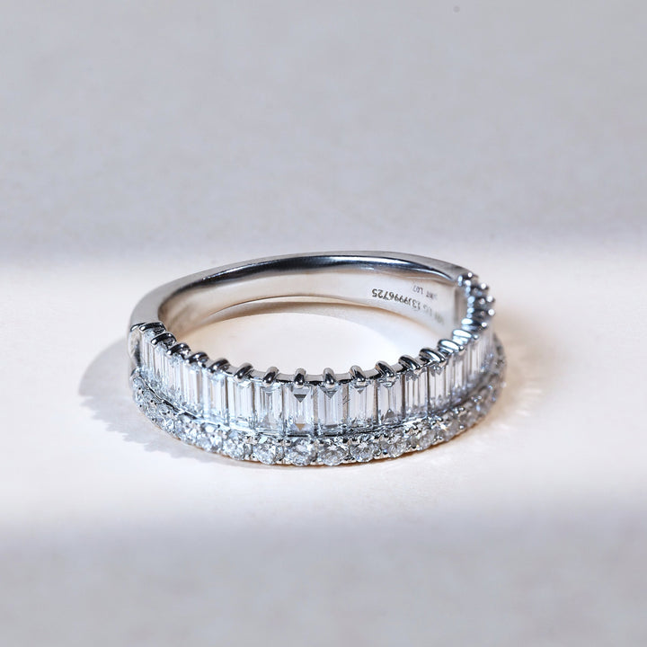 Front angled view of Crownline Dailywear Ring with baguette and round diamonds