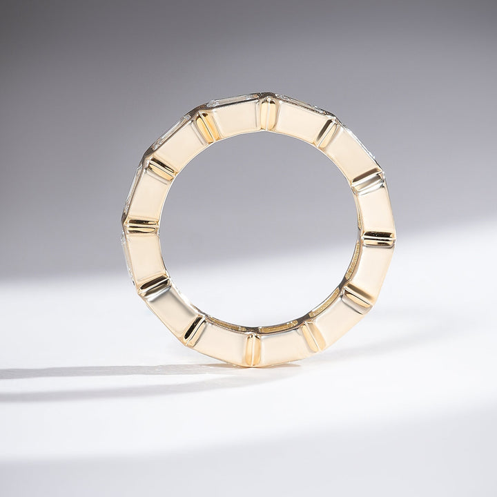 Profile view of 3 Ct Bezel Emerald Eternity Band highlighting smooth gold finish.