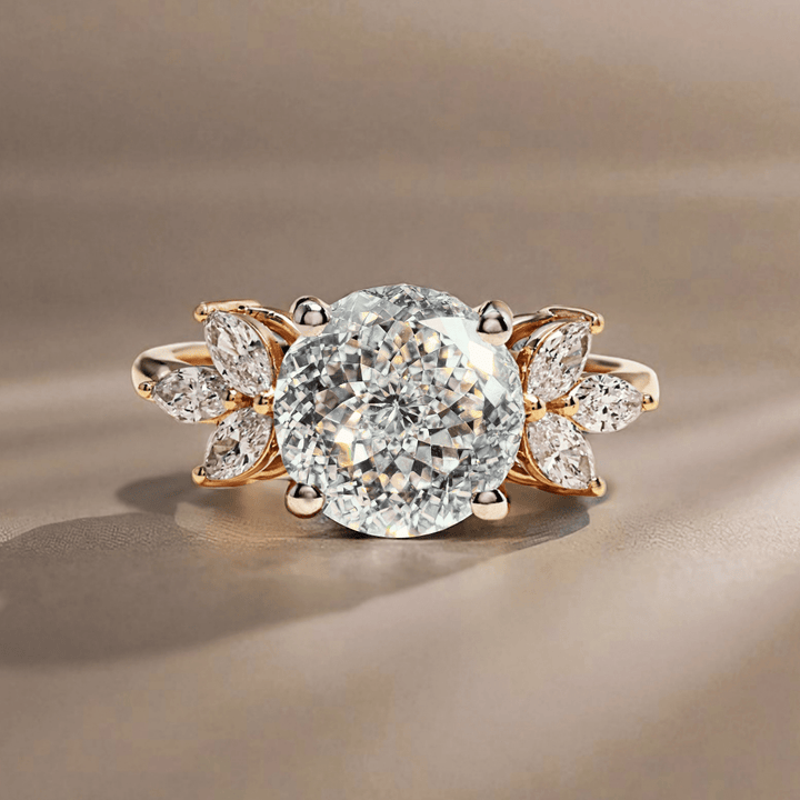 Portuguese diamond ring with floral design on a beige background