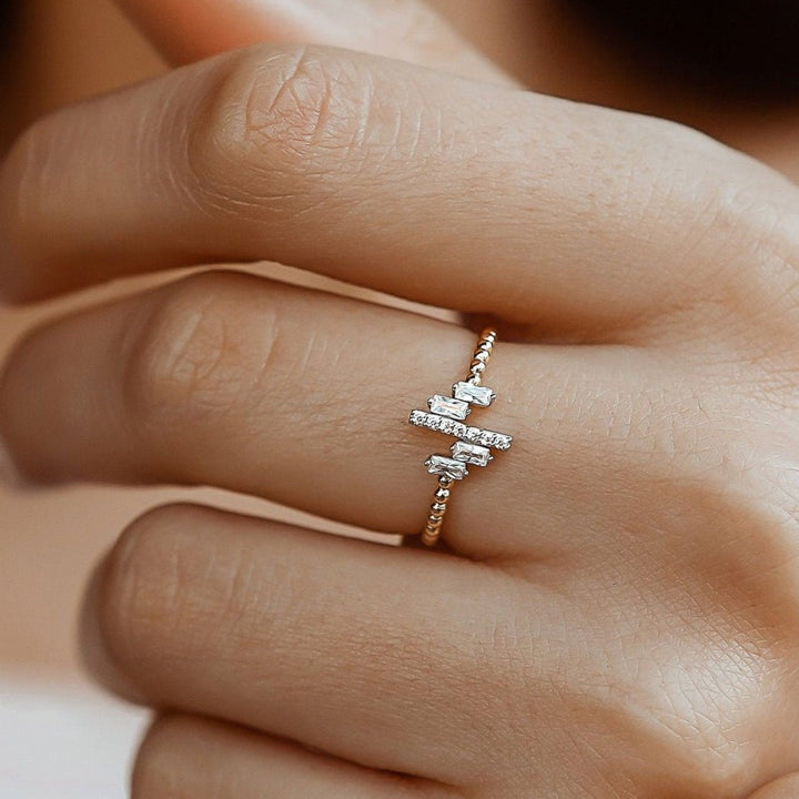 Diamond Rhythm Beaded Ring worn on finger, showing modern geometric design