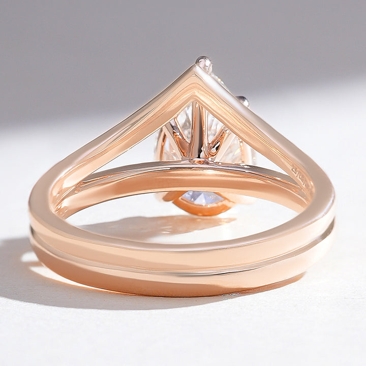 Back view of Elowen pear solitaire ring with V-shaped split shank in rose gold