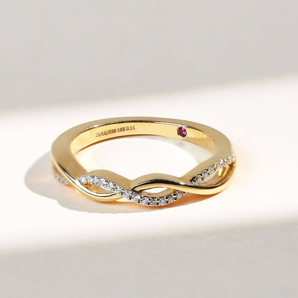 Entwined Promise Ring in yellow gold with two diamond-studded strands crossing gracefully