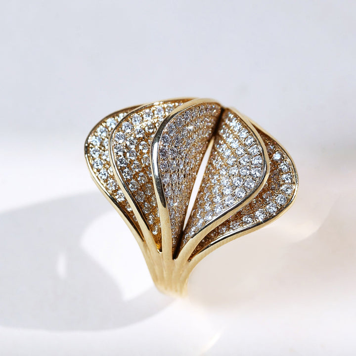 Fanella Open Leaf 1.7 ct diamond cocktail ring in yellow gold with leaf-inspired pavé design