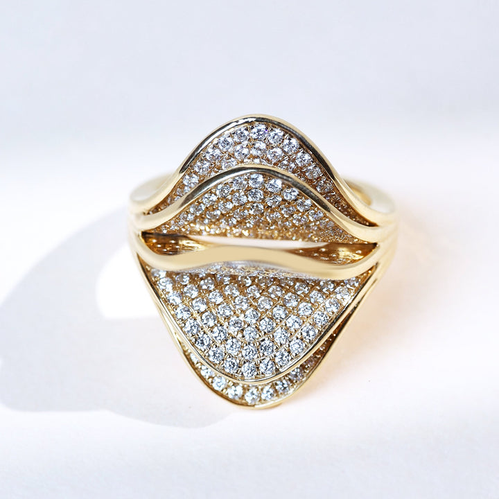Front view of Fanella Open Leaf 1.7 ct pavé diamond ring in yellow gold