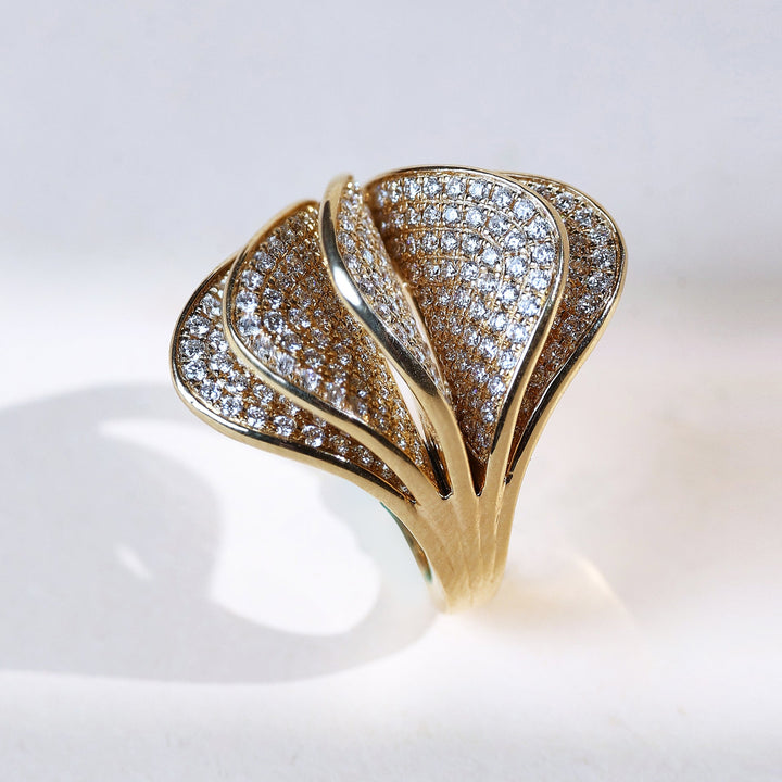 Side view of Fanella Open Leaf diamond cocktail ring in yellow gold