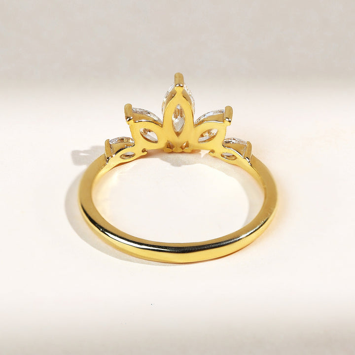 Back view of 0.7 Ct Five Petal Flora Ring displaying open floral crown gallery in yellow gold.