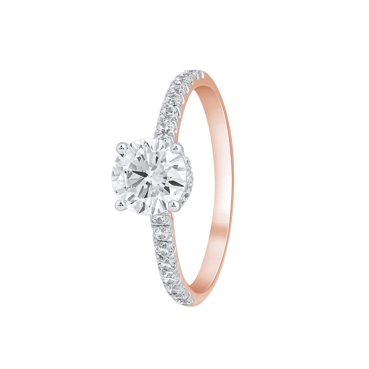 Angled view of Forever Ring showing the pear solitaire and pavé-set diamonds along the band.