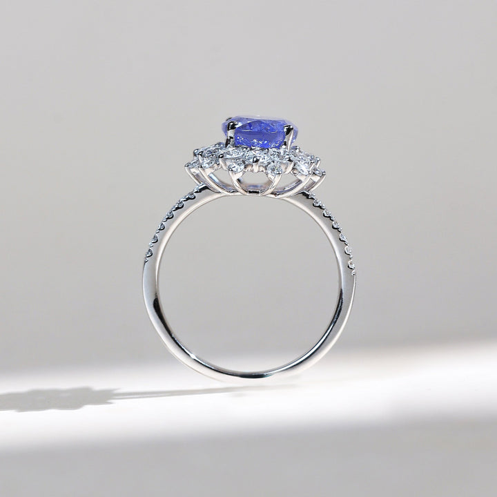 Profile shot of French Riviera Iconic Cocktail Ring showcasing raised halo setting