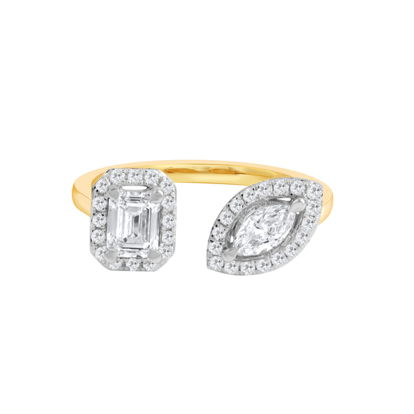 A yellow gold Toi Et Moi ring featuring a marquise-cut diamond and an emerald-cut diamond, each encircled by a halo of smaller diamonds.