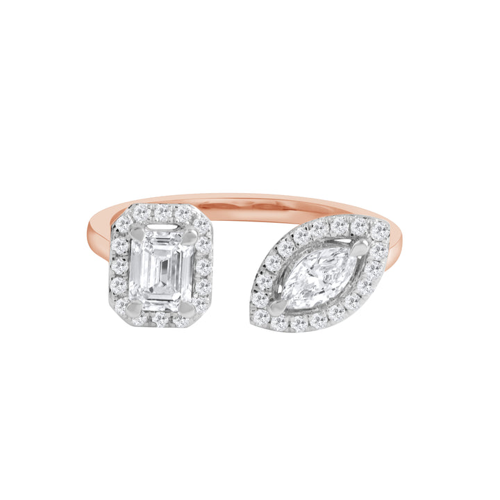 A rose gold Toi Et Moi ring featuring a marquise-cut diamond and an emerald-cut diamond, each encircled by a halo of smaller diamonds.