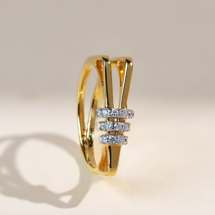 Gold geometric diamond bar ring with three rows of round diamonds