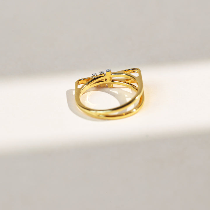 Back view of geometric gold ring with triple diamond bar design and open sides