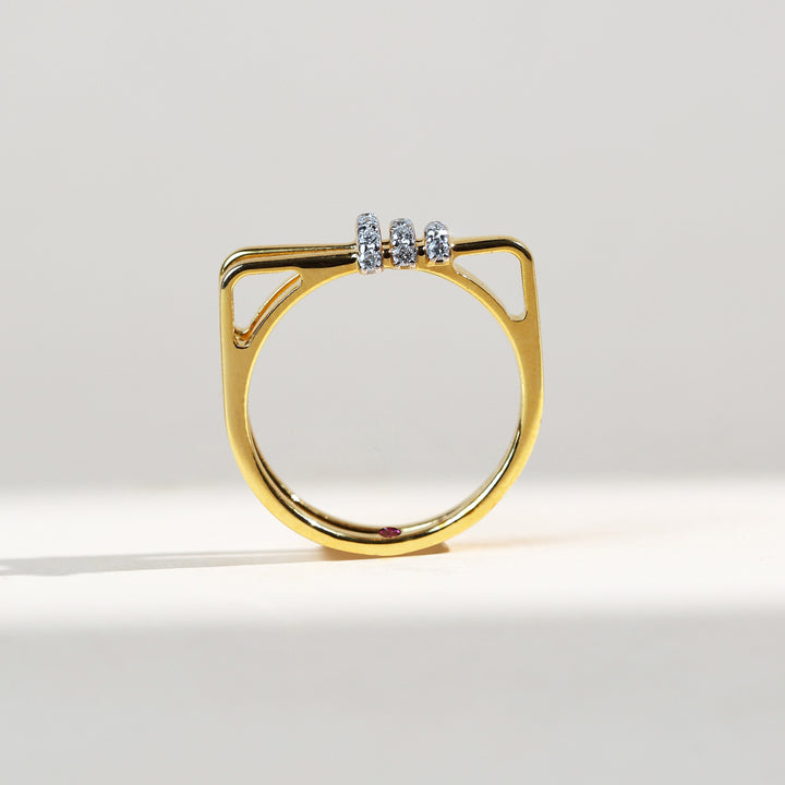 Side profile Gold geometric diamond bar ring with three rows of round diamonds accents
