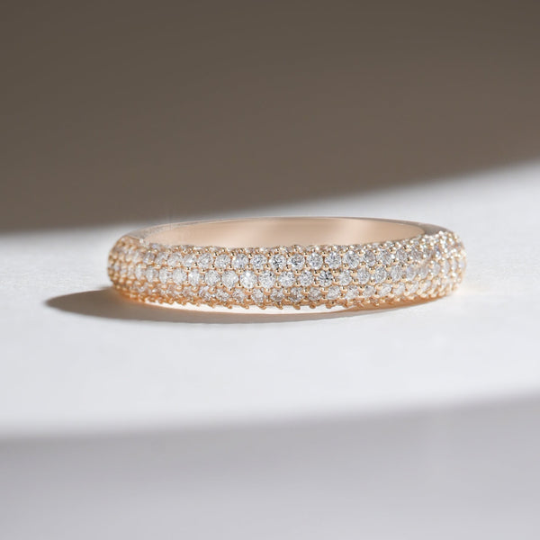 Front view of Half Lune 0.6 Ct Eternity Band with three pavé diamond rows in gold.