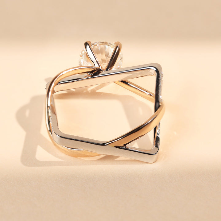Back view of Illusion 2 Ct solitaire ring showcasing geometric open design and dual-tone band.